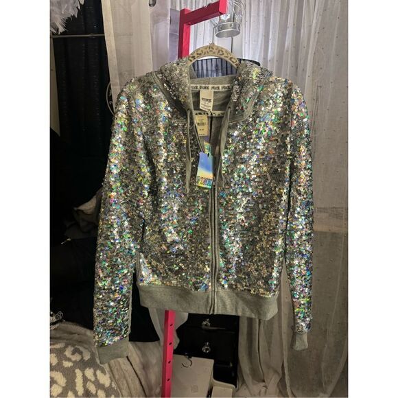 PINK Victoria's Secret  rainbow bling sequin fashion show Zip Hoodie nwt sz M - Picture 6 of 10